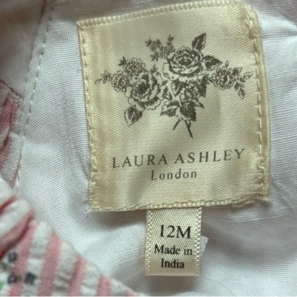Laura Ashley London Pink White Stripe Floral Ruffle Sleeve Tiered Dress 12M NWOT - Picture 3 of 4
